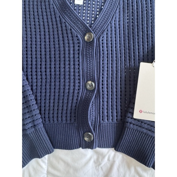 New Lululemon Size Large Cotton Crochet Mesh Relaxed-Fit Cardigan Club Blue NWT - Picture 7 of 10